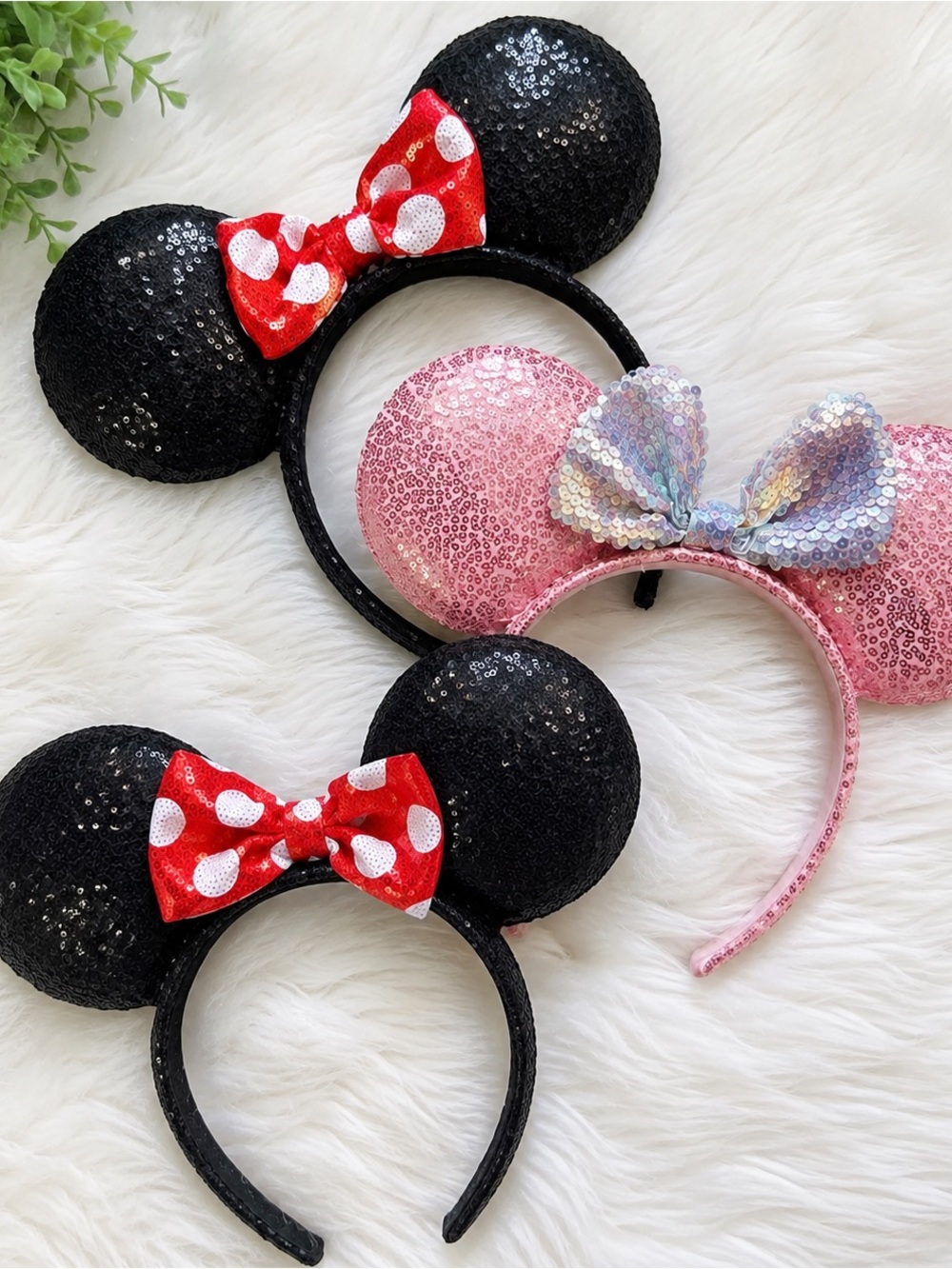 Sequin Mickey Ear Headbands - Black & Pink with Bows - Picture 1 of 1